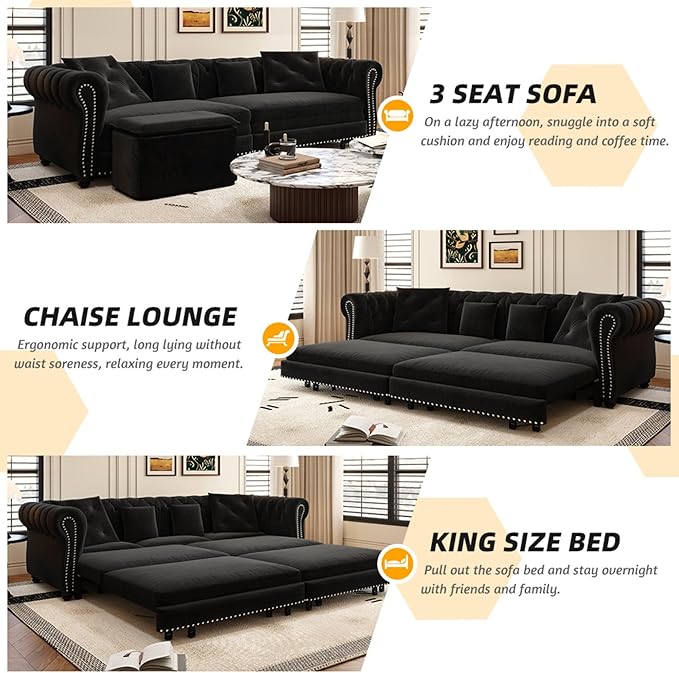 KEIKI 3-in-1 Velvet Chesterfield Sofa Bed with Ottoman, Convertible King Size Sleeper Couch, Rolled Arm Design, Comfortable 3-Seater for Living Room or Bedroom, Black