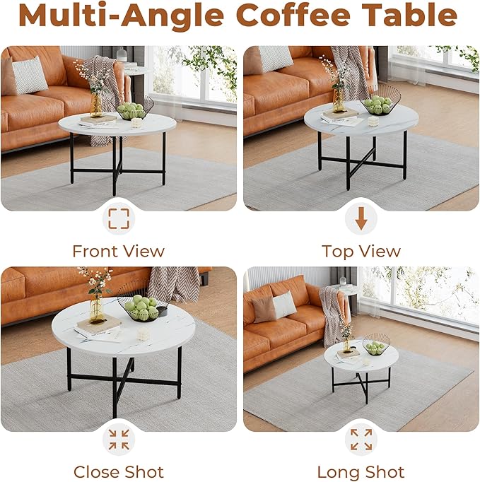 Coffee Table, 23.6" Coffee Tables for Living Room, Round Coffee Table with Metal Frame, Floor Table for Sitting on The Floor, Home, Office, White