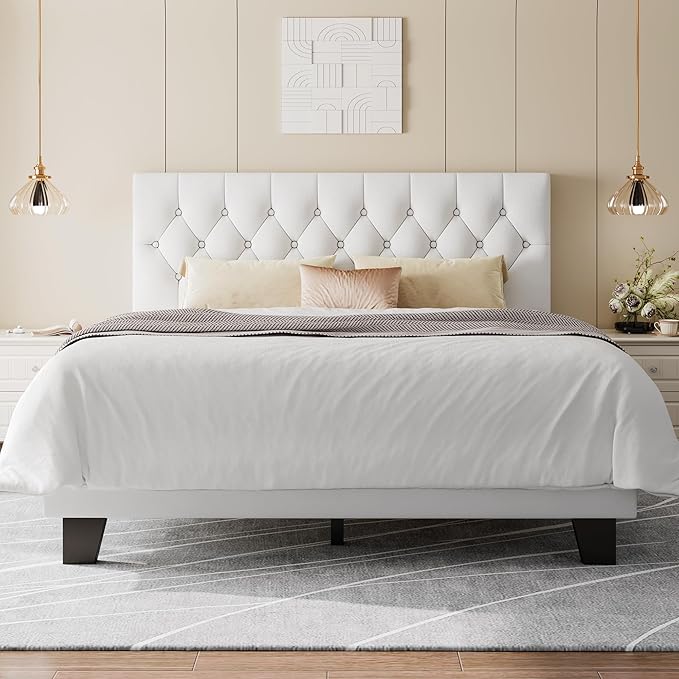 Feonase Velvet Queen Platform Bed Frame with Button Tufted Headboard, Upholstered Bed with Wooden Slats Support, No Box Spring Needed, Easy Assembly, Noise-Free, White