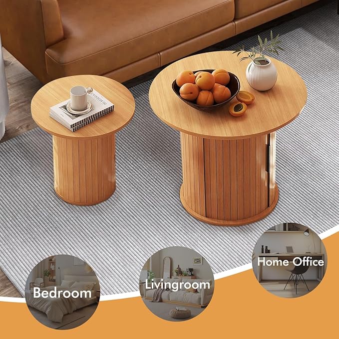 Modern Walnut End Table with Storage - Fluted Design Living Room Accent Table, Tall Bedside Nightstand & Sofa Side Table for Small Spaces, Dark Wood Finish (15.7” Wide, Natural)