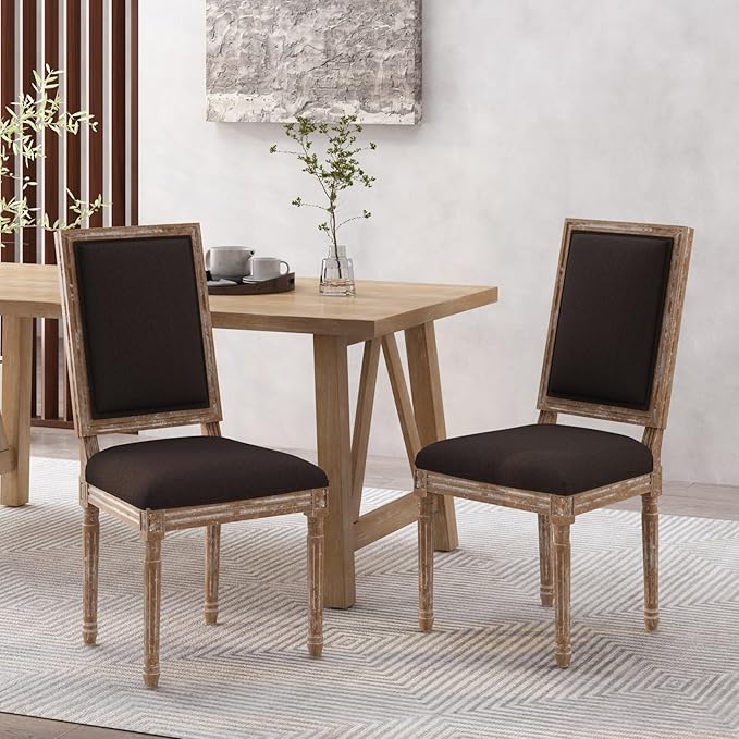 Merax Upholstered Solid Wood Dining Chairs Set of 2, French Country Style Accent Side Seating Furniture for Kitchen, Living Room, Cushioned Back, Brown