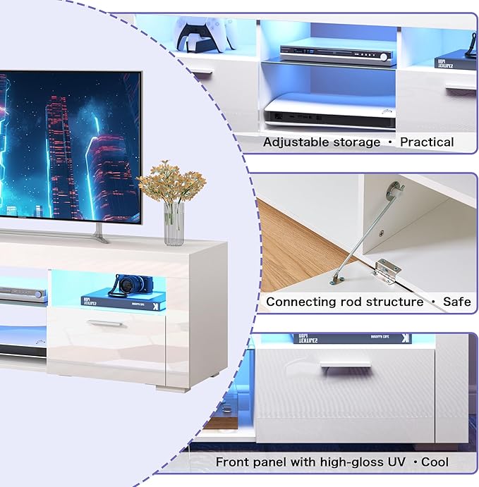 White TV Stand for 50/55 Inch, Entertainment Center With LED Lights, Modern Stand for Bedroom, Console With Storage and Shelves for Living Room