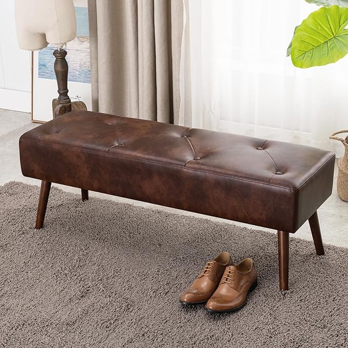Furniliving 44 Inch Tufted Bench, Leather Footrest Bedroom Bench Seat, Upholstered Leather Indoor Bench Beathable Fabrics Ottoman Bench with X-Shaped Wood Legs for Kitchen, Solid Wood Indoor Bench