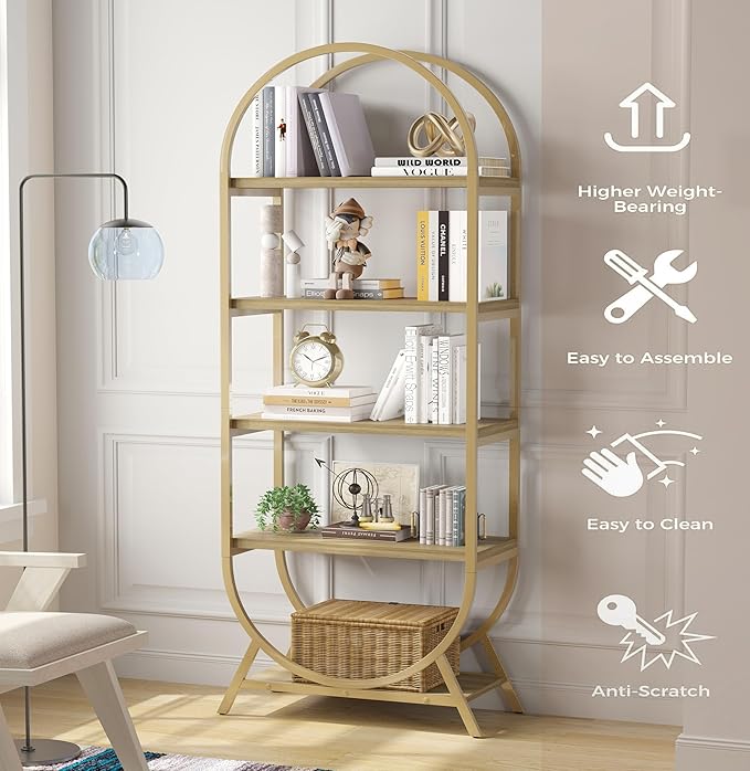 Bookshelf Arched Bookcase Set 2, 5 Tier Open Freestanding Display Shelf for Home Office, Living Room, Gold & Nature Wood