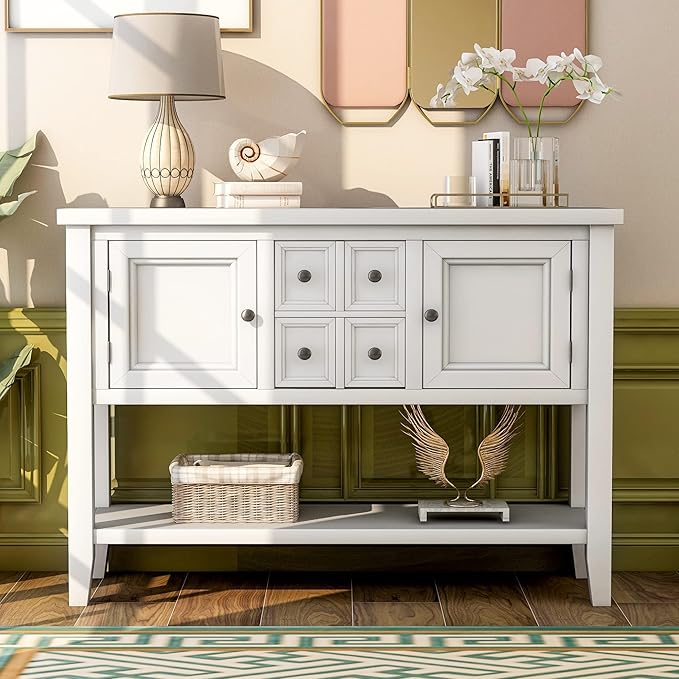Merax Modern Wood Buffet Cabinet with Storage Shelf, 2 Drawers and 2 Cabinets Buffet Coffee Bar Table for Living Room Dinning Room Kitchen (White)