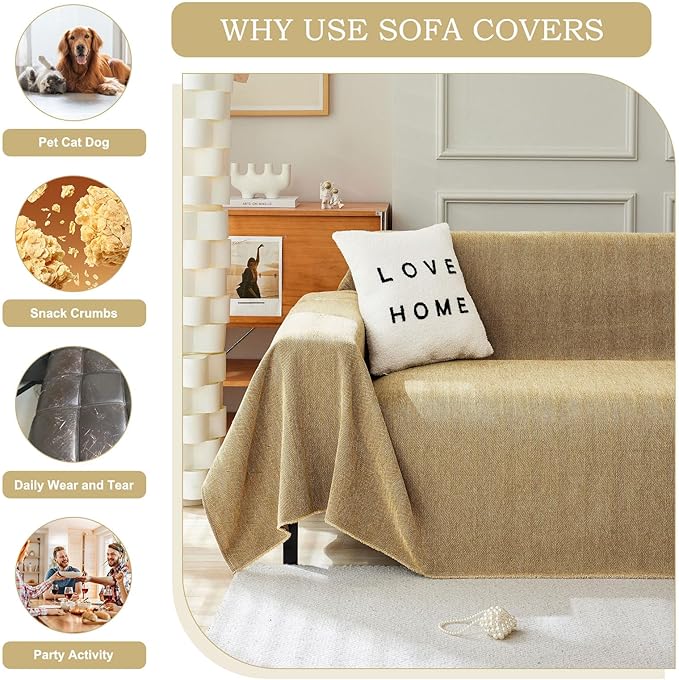 STACYPIK Wear-Resistant Chenille Yellow Sofa Cover, Couch Cover for Dogs, Washable Pets Protector for 3 Cushion Couch, Sofa Covers for Loveseat, Non-Slip Sectional Cover, Throw Blanket-71X150IN