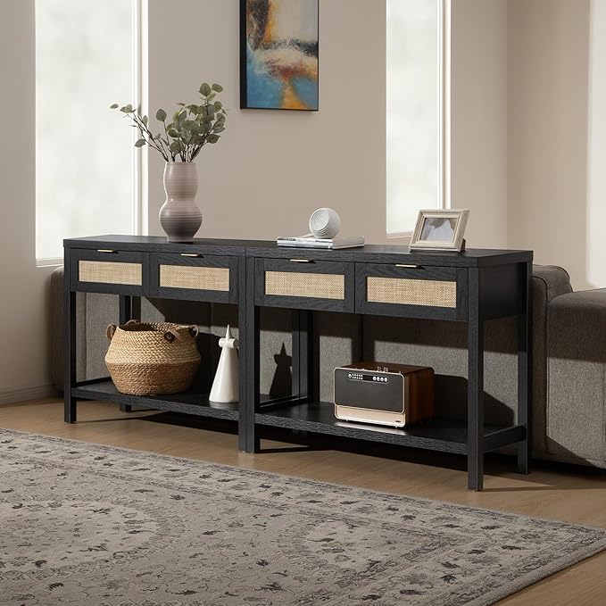 SICOTAS Black Console Table Set of 2 - Boho Entryway Table with Rattan Drawers, 2 Tier Shelf, Narrow Long Sofa Tables for Living Room, Entry Table for Hallway, Foyer