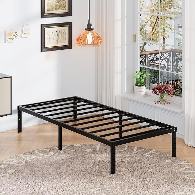 16 Inch Twin Bed Frames with White Skirt Cover, Metal Twin Size Bed Frame with Storage, Heavy Duty, No Box Spring Needed, Easy Assembly, Noise Free, Mattress Foundation