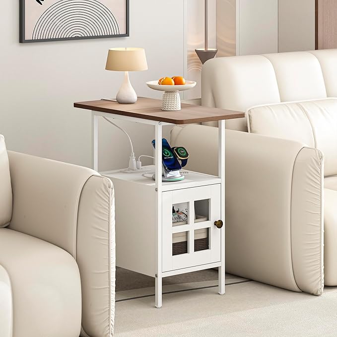 Farmhouse Narrow Side Table with Charging Station - 3-Tier End Table with USB & Outlets Compact Bedside Storage Table for Small Spaces, Multi-Functional Accent Table for Bedroom, Couch Corner Entryway