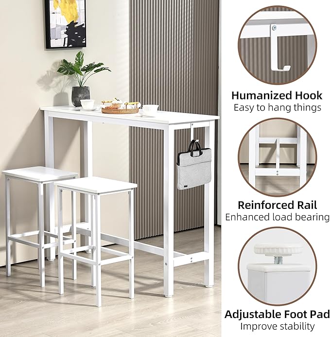 Finnhomy 47" Industrial Bar Table Set with 2 Stools - Counter Height Dining & Pub Table for Small Spaces, Kitchen, Apartment, Breakfast Nook - Metal & Wood, Space-Saving Furniture - White