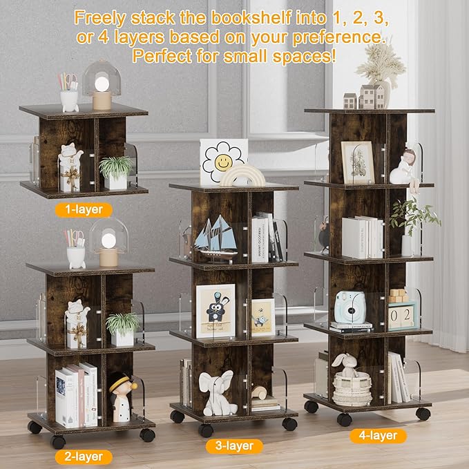 VECELO 4-Tier Rotating Bookshelf, Modern Swivel Bookcase for 360°Display,Stackable Square Book Shelves Floor-Standing Storage for Home Office, Solid Wood, Smooth Spinning, Brown