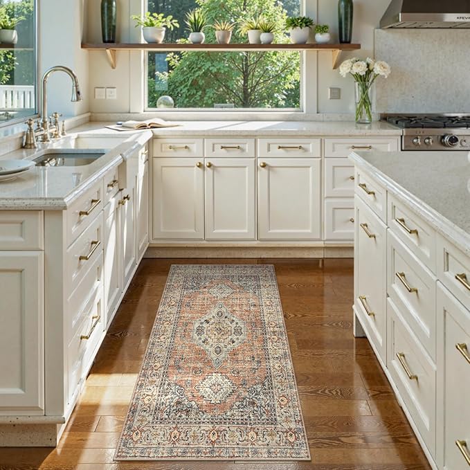 Lahome Oriental Small Area Rug, 2x4 Soft Washable Rugs for Entryway Kitchen, Non-Slip Ultra-Thin Indoor Door Mat Distressed Vintage Small Carpet for Bathroom Bedroom, Peach/Orange