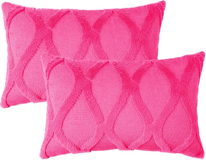 decorUhome Throw Pillow Covers 12x20 Inch Set of 2, Soft Plush Faux Fur Wool Lumbar Hot Pink Couch Pillow Covers, Decorative Neutral Pillow Cases for Bed Sofa Living Room Home Decor