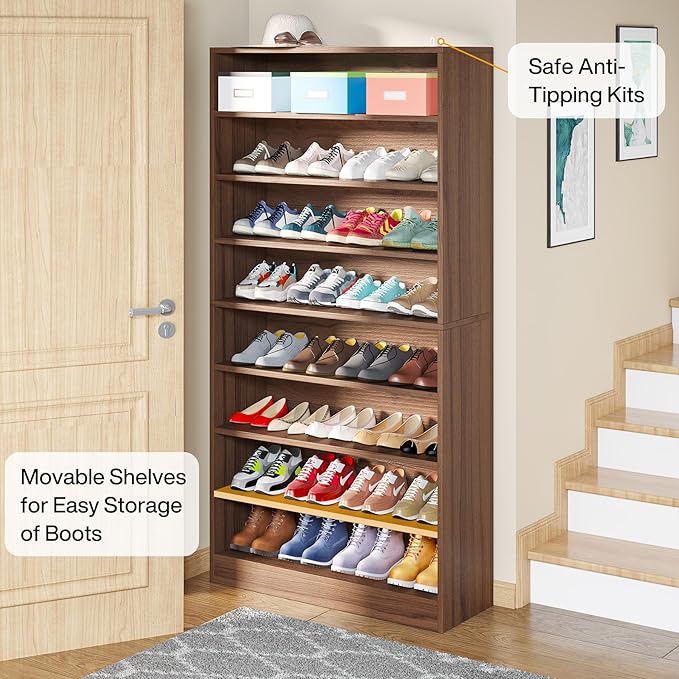 Tribesigns Tall Shoe Cabinet, 9 Tiers 40-45 Pairs Heavy Duty Wood Freestanding Shoe Storage Cabinet, 70.8'' Tall Shoe Cabinet with Open Storage for Entryway (Brown)