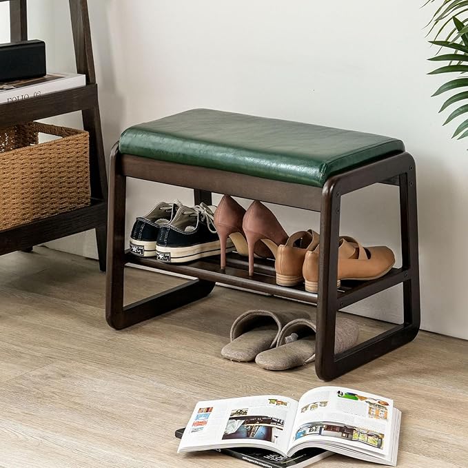 Shoe Bench, Entryway Bench with Leather Cushion, Solid Wood Shoe Rack, Mid Century Modern Bench, Shoe Storage, Shoe Organizer for Entryway (Green, 21.7" W)
