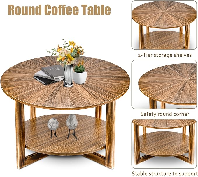 Coffee Tables for Living Room, Small Round Coffee Table with Storage, Mid Century Modern Solid Wood Coffee Table, Rustic Wooden Circle Center Table Living Room Furniture, Brown Tea Table
