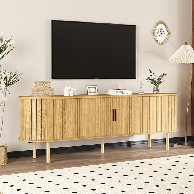 GarveeHome 70.1" TV Stand, Modern TV Console Table with Storage Compartment and Sliding Door, Gaming Entertainment Center with Cabinet for Living Room, Bedroom, Office, Oak