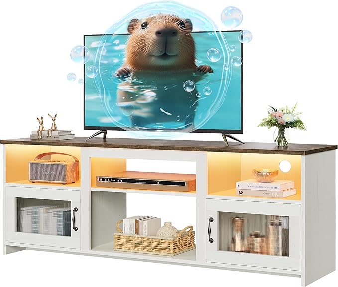 PRAISUN TV Stand for 60 Inch TV, TV Console Cabinet with Power Outlets and LED Lights, 54 Inch Entertainment Center, 2 Acrylic Cabinets, 4 Cable Holes, Open Shelves, for Living Room, Distressed White