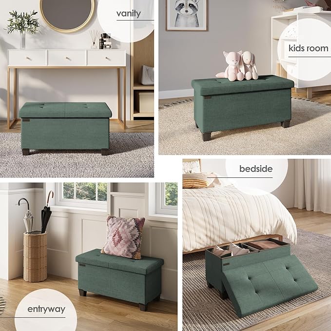 STORAGEBUD Storage Ottoman Bench with Bins, 30-in Storage Bench for Bedroom End of Bed, Folding Foot Rest Ottoman for Living Room Max 660lbs, Fabric Ottomans, Green