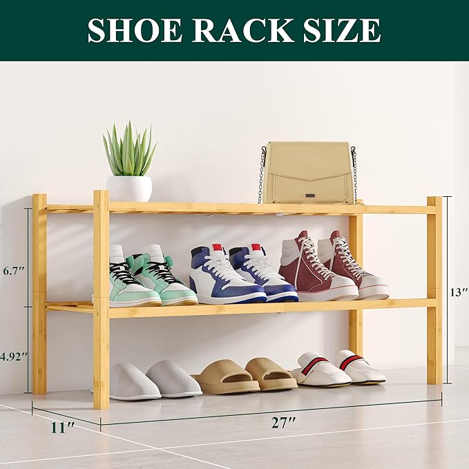 Smiry Shoe Rack, 2 Tier Bamboo Shoe Organizer, Stackable Free Standing Wooden Shoe Storage Shelf for Closet, Entryway, Front Door Entrance, Natural