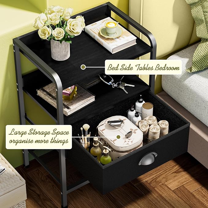 Night Stand Nightstand with 1 Drawer Black Nightstands Storage Night Stands Fabric Drawers Small Bedside Table Mesh Shelves Bed Side End Tables Chests Cabinet for Bedroom Living Room Dorm Furniture