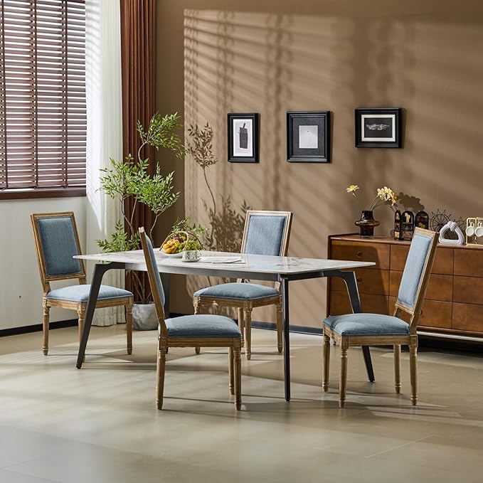 Merax Upholstered Solid Wood Dining Chairs Set of 4, French Country Style Accent Side Seating Furniture for Kitchen, Living Room, Cushioned Back, Slate Blue