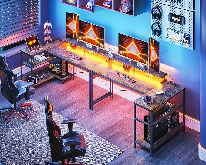 ODK 58 Inch Gaming Desk with USB Charging Ports and LED Lights, Reversible L Shaped Computer Desk with Storage Shelves & Monitor Stand, Corner Home Office Desk Table with Power Outlets, Vintage
