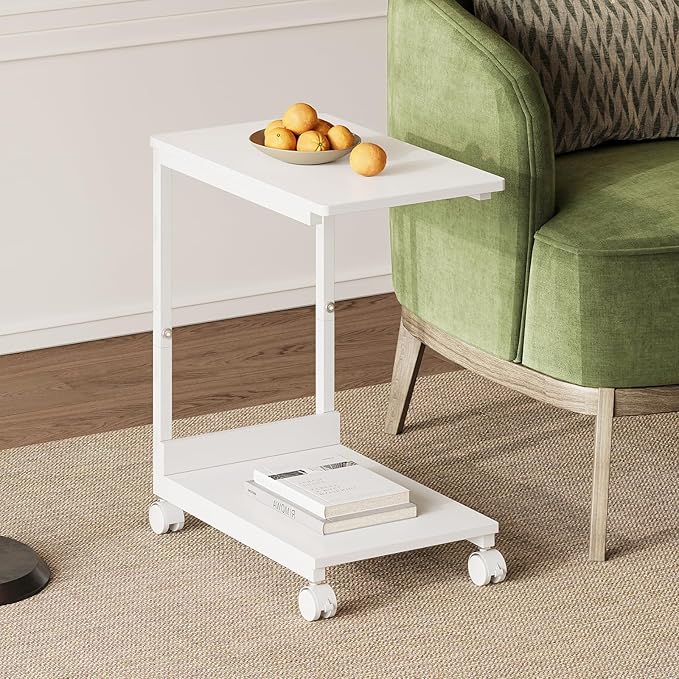 Side Table,C Table with 2-Tier Storage Shelf, End Table TV Tray with Metal Frame, Sofa Table with Wheels for Living Room, Bedroom, Office, Bathroom, Easy Assembly, White