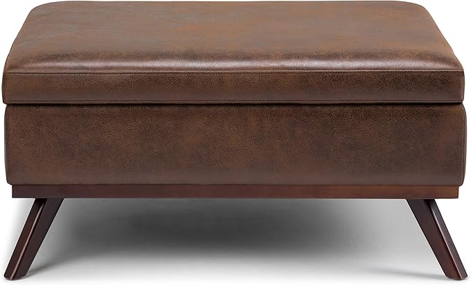 SIMPLIHOME Owen 36 inch Wide Mid Century Modern Square Coffee Table Storage Ottoman in Distressed Chestnut Brown Vegan Faux Leather, Assembled, for the Living Room, Entryway and Family Room