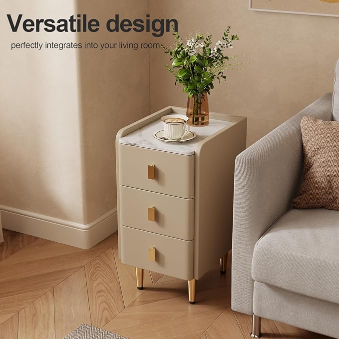 Narrow Nightstand with Drawers, Narrow Side Table Leather, Small Bedside Tables for Bedroom. (Beige)