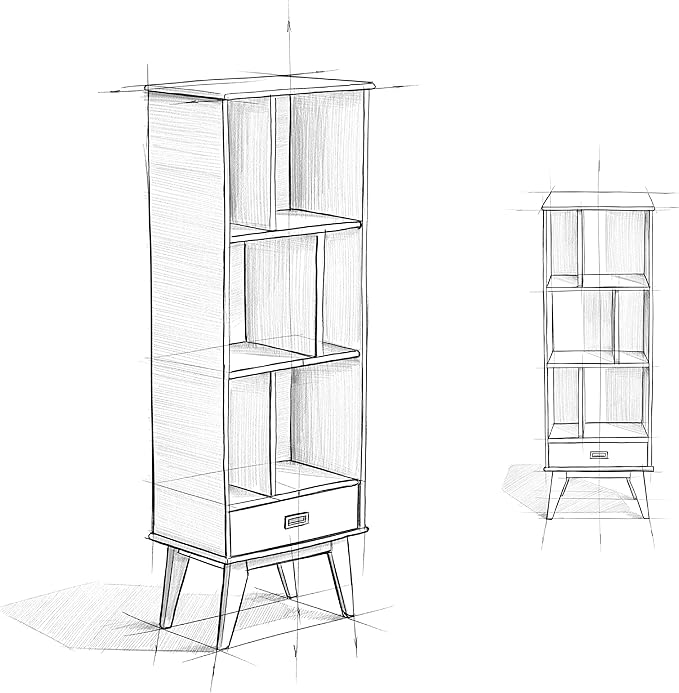 SIMPLIHOME Draper 22 inch Mid-Century Modern 6 Cubbie Bookcase with Drawer (Set of 2) in Medium Auburn Brown for The Living Room, Study Room and Office