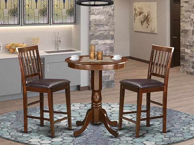 East West Furniture EDVN3-MAH-LC 3 Piece Counter Height Dining Set Contains a Round Dining Room Table with Pedestal and 2 Faux Leather Upholstered Chairs, 30x30 Inch, Mahogany
