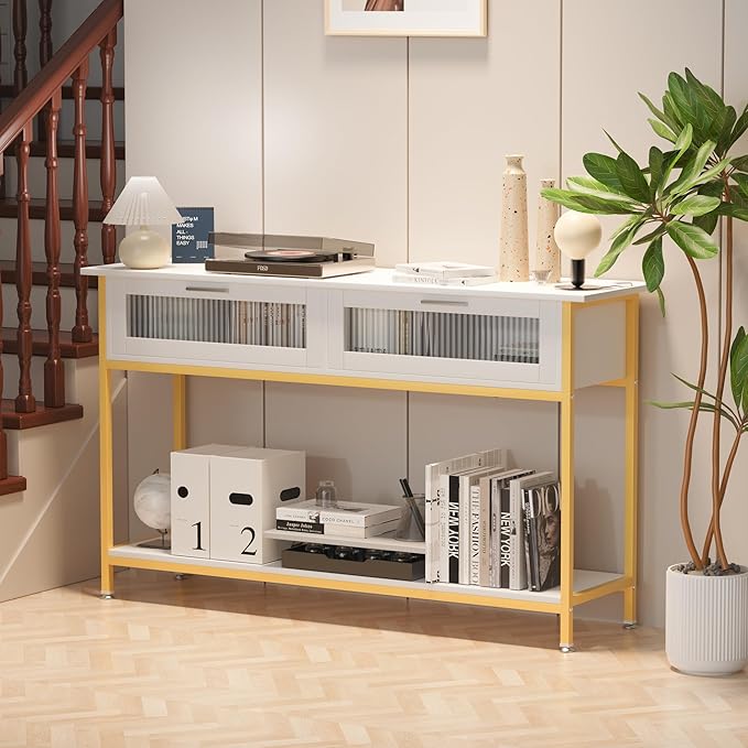 Aetheris 47" Console Table with 2 Drawers, 2 Tier Sofa Table with Storage,Entryway Table, Industrial Console Table for Entryway, Sofa Table Behind Couch for Living Room (White)
