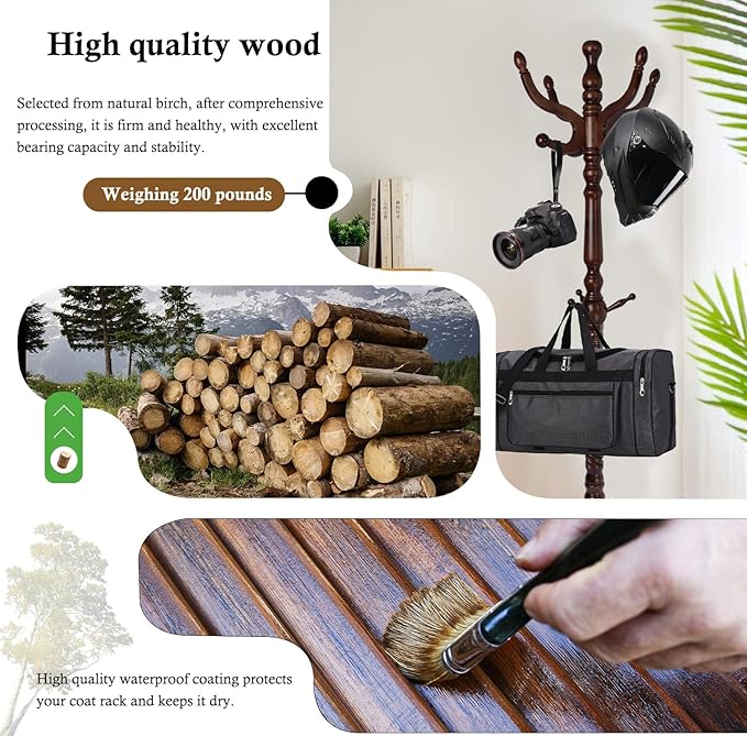 Coat Rack Stand, Solid Wooden Coat Tree with 11 Hooks, Heavy Duty Coat Rack Freestanding with Sturdy Round Base, Natural Birch Wood Coat Hanger Stand for Entryway Bedroom (triangles)