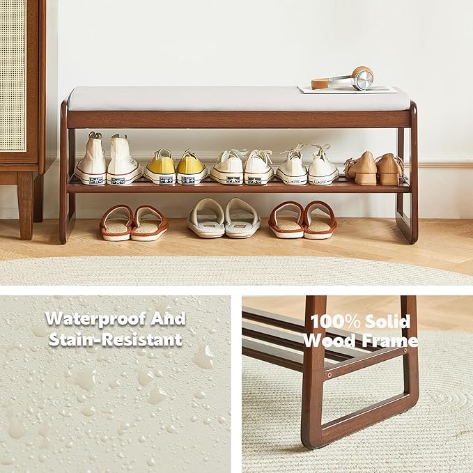 Solid Wood Shoe Bench, 2-Tier Wooden Storage Entryway Bench, Small Entryway Bench, Mid-Century Modern Bedside Bench with Faux Leather Cushion for Dining Room Living Room, Cream Grey 21.65''