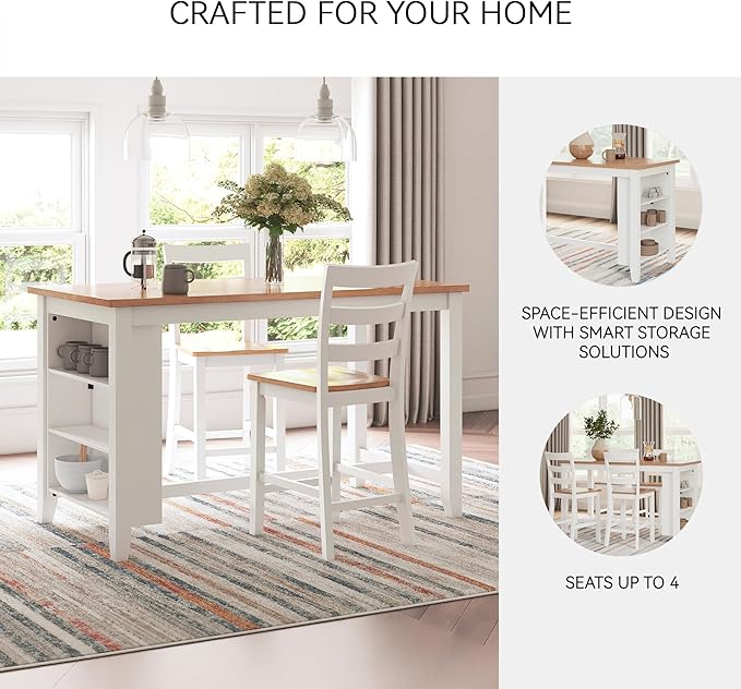 Signature Design by Ashley Gesthaven Farmhouse Counter Height Dining Table with 3 Shelves and Trestle Base, Light Brown & White
