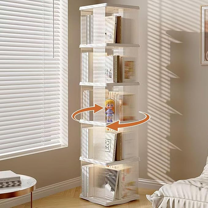 Rotating Bookshelf Tower,360° Rotating Bookshelf,66 inch High Small Space Revolving Bookcase, Suitable for Spinning Bookshelf Tower in Home and Office (White, 5 Tier, 14x14x66)