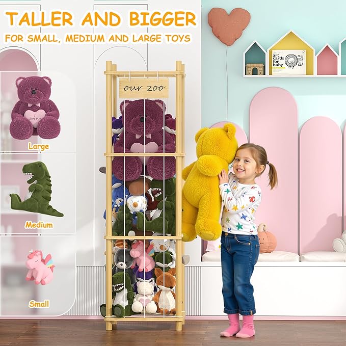 Bamboo Stuffed Animal Storage Zoo, Large Capacity Plush Toy Cage, Wood Stuffed Animals Holder for Toddler Room, Playroom, Bedroom