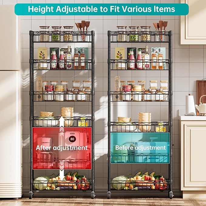 SINGAYE 6 Tier Basket Shelf Wire Shelving Unit Adjustable Storage Shelves Big Basket Rack for Garage Kitchen Office Pantry Corner 17" Dx12 Wx63 H Black