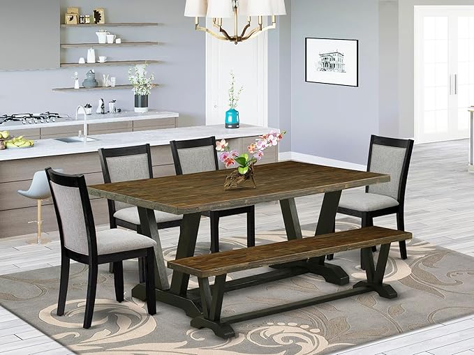 East West Furniture V677MZ606-6 6 Piece Dinette Set Contains a Rectangle Dining Room Table with V-Legs and 4 Shitake Linen Fabric Parson Chairs with a Bench, 40x72 Inch, Multi-Color