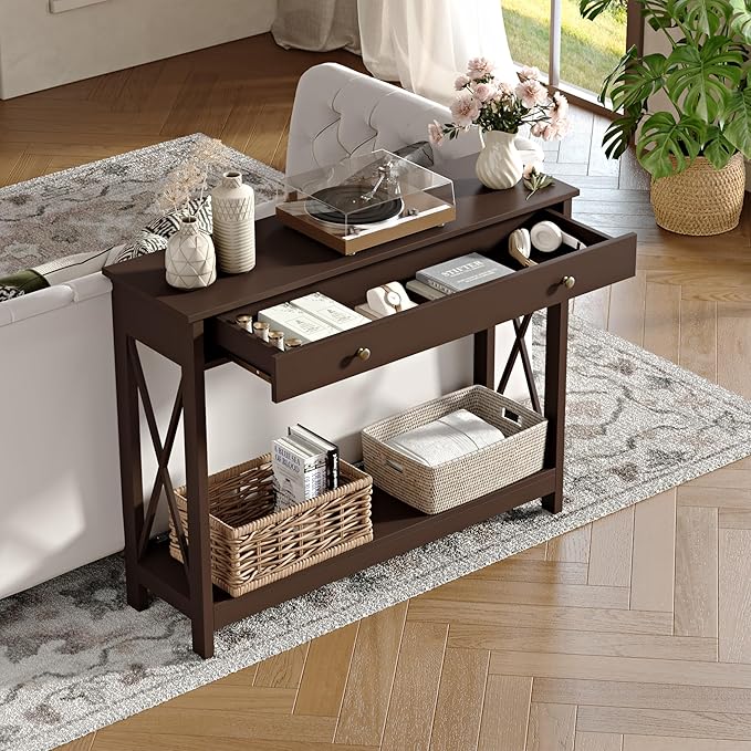 Treocho Black Console Table with Drawer and Storage Shelves, Foyer Sofa Table Narrow for Entryway, Living Room, Hallway