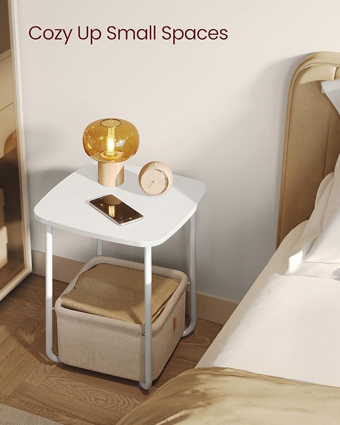 VASAGLE End Table, Side Table with Fabric Basket, Modern Nightstand, Square Bedside Table, for Living Room, Bedroom, Matte White and Camel Brown ULET229W10