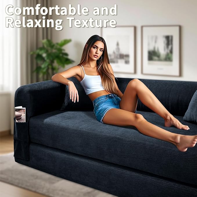 80" Convertible Sofa Bed, 3-in-1 Corduroy Folding Pull Out Couch with Pillows, No Assembly Modern Boneless Couch Compression Sofa in Box, Floor Sofa with Side Storage Pocket for Living Room,Navy Blue