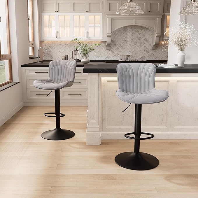 YOUNIKE Single Grey Bar Stools Modern Swivel Counter Height Bar Chair with Back Adjustable Kitchen Island Faux Leather Padded Barstools taburetes de bar Breakfast sillas para barra de cocina 1PCS