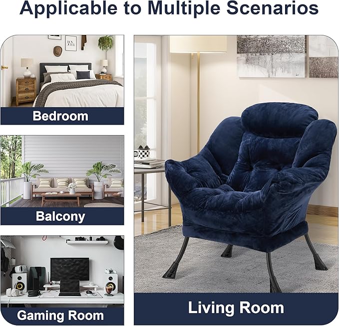 Fabric Lazy Chair for Adults, Oversized Upholstered Sofa Chair, Plush Comfy Lounge Chair with Large Side Storage Pocket, Thick Padded Reading Chair for Living Room, Bedroom, Office, Navy Blue