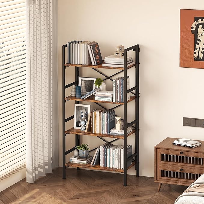 Folding Bookshelf,4 Tier Bookcase Foldable Shelf with X-Bracket Design, Adjustable Feet, Space Saving Storage for Living Room, Office, Rustic Brown