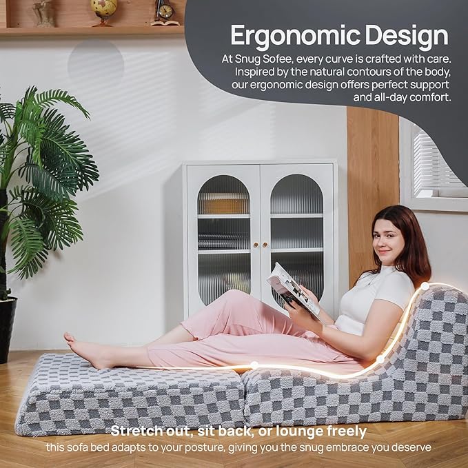 Bean Bag Chair with Checkerboard Shaker Fleece Fabric, Folding Sofa Bed, Floor Sleeper Lounge Chair, Lazy Sofa for Living Room, Bedroom, Apartments (Cement Gray)