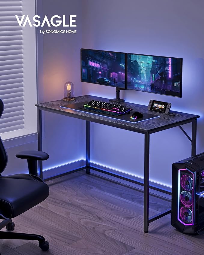 VASAGLE Computer Desk, Gaming Desk, Home Office Desk, for Small Spaces, 23.6 x 47.2 x 29.9 Inches, Industrial Style, Metal Frame, Black with Wood Grain ULWD039B56