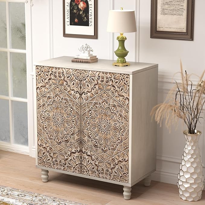 COSIEST Set of 2 32" Buffet Sideboard Cabinets with Vintage Firework Carved Pinewood Doors, Push-to-Open, Storage Accent Cabinet for Living Room, Kitchen, Hallway, Gray