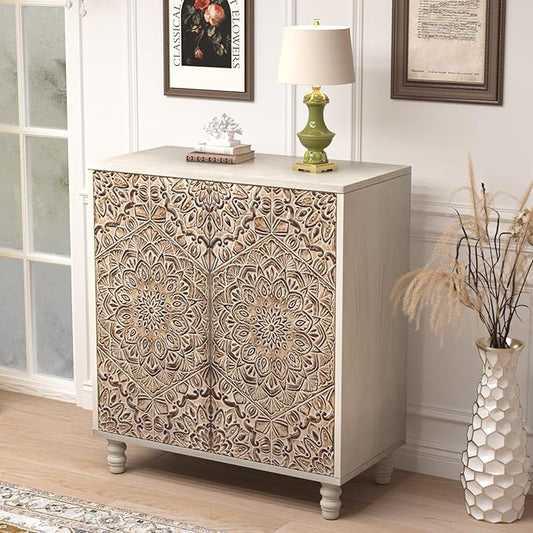 COSIEST 32" W Sideboard Buffet Cabinet with Storage, Accent Cabinet with 2 Push-to-Open Magnetic Doors, Vintage MDF Buffet Table for Living Room, Kitchen, Hallway (Gray,Firework Pattern)